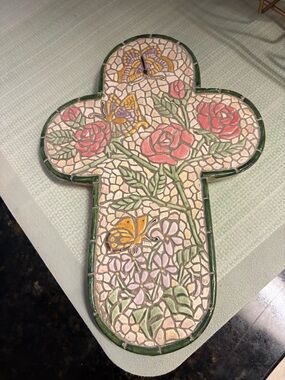 Mosaic Floral Cross Wall Plaque in Pink, Green & Yellow